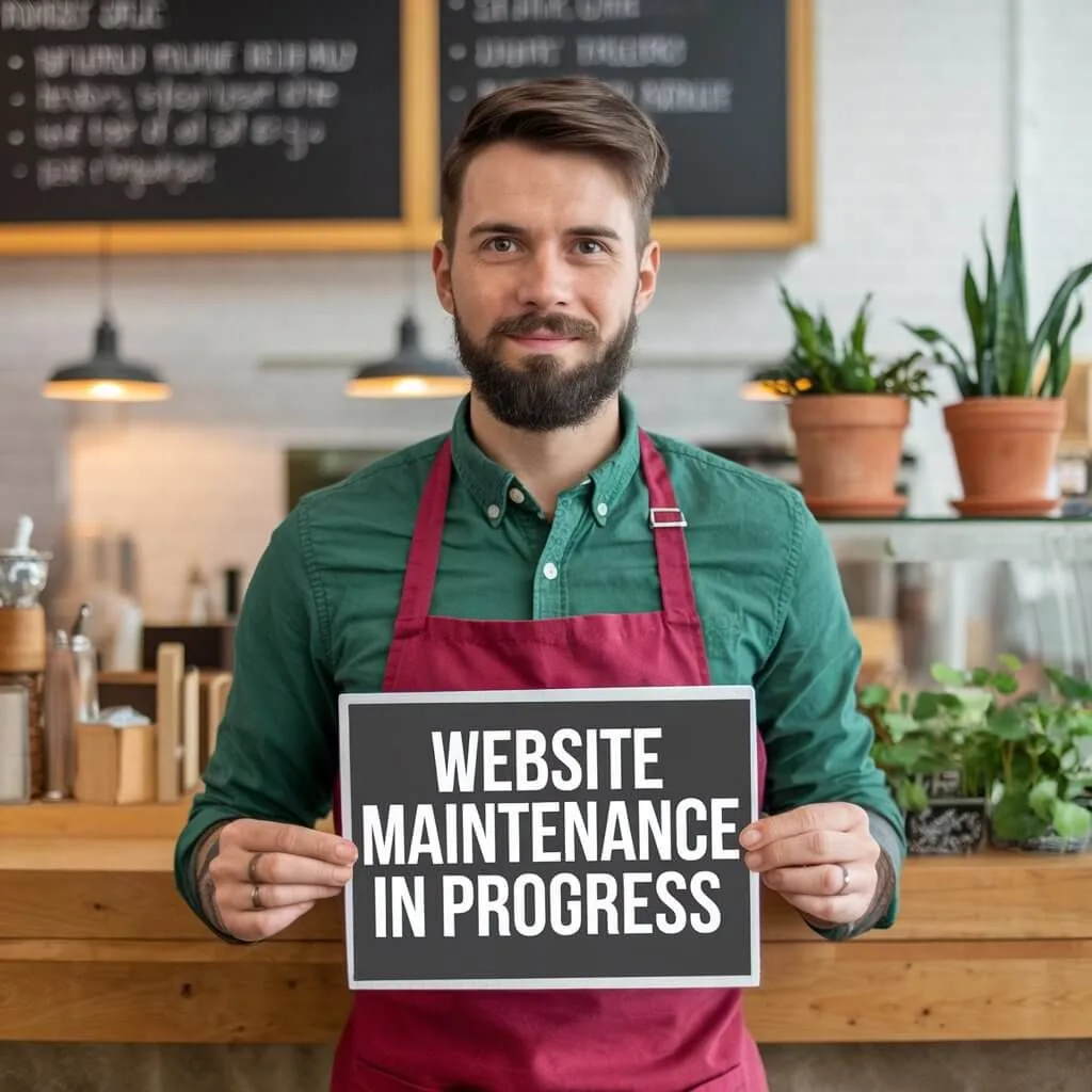 Person holding a “Website maintenance in progress” sign.